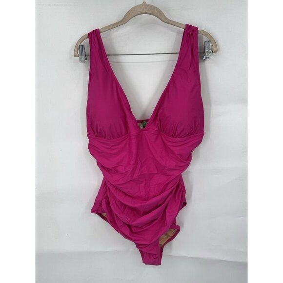 J. Crew Women's Pink Ruched V-Neck One-Piece Swimsuit Size 18 Poolside NEW - Picture 1 of 7